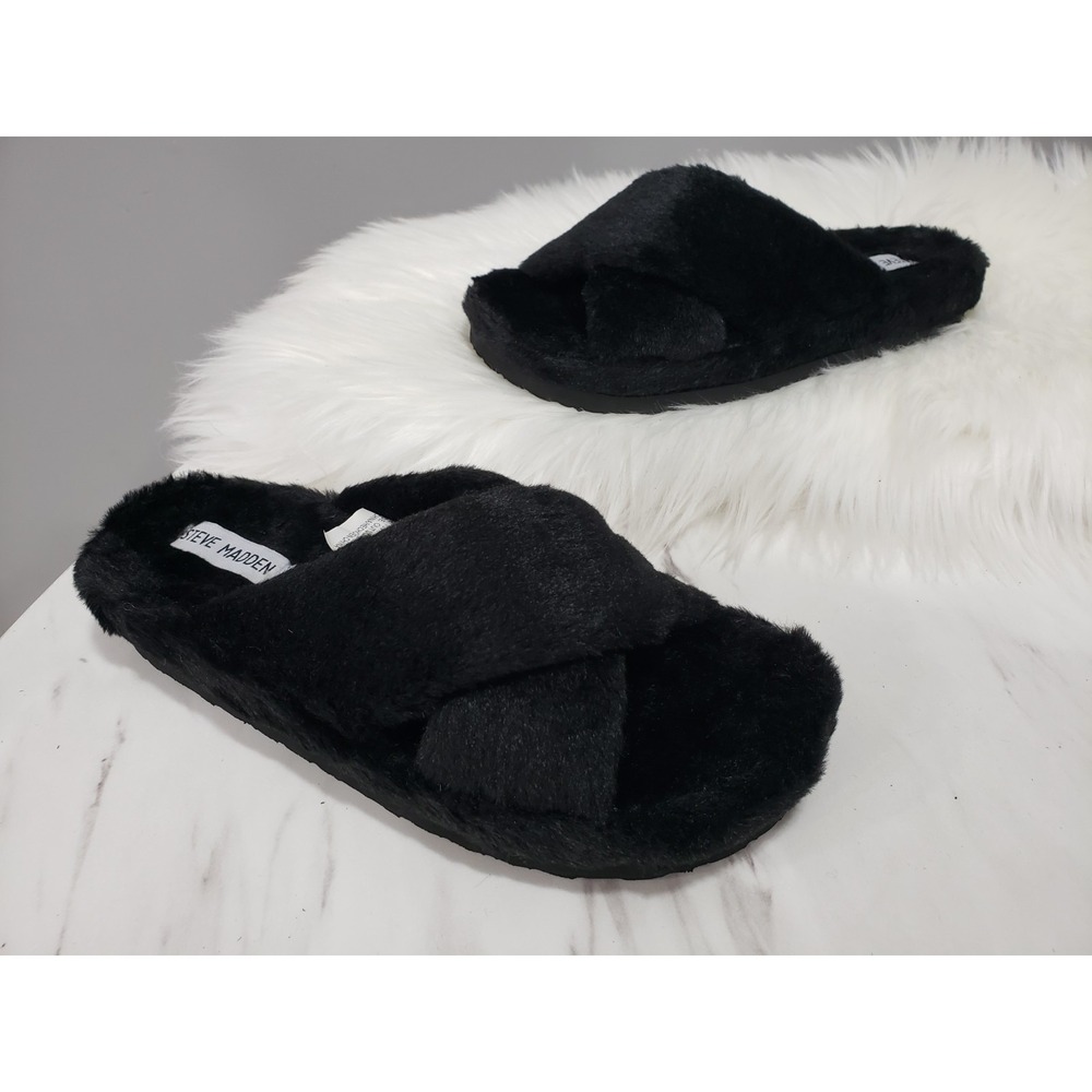 NEW NO‎ BOX US 7 / EURO 37 Steve Madden Faux Fur SLIPPERS HOUSE SHOE SLIDE BLACK